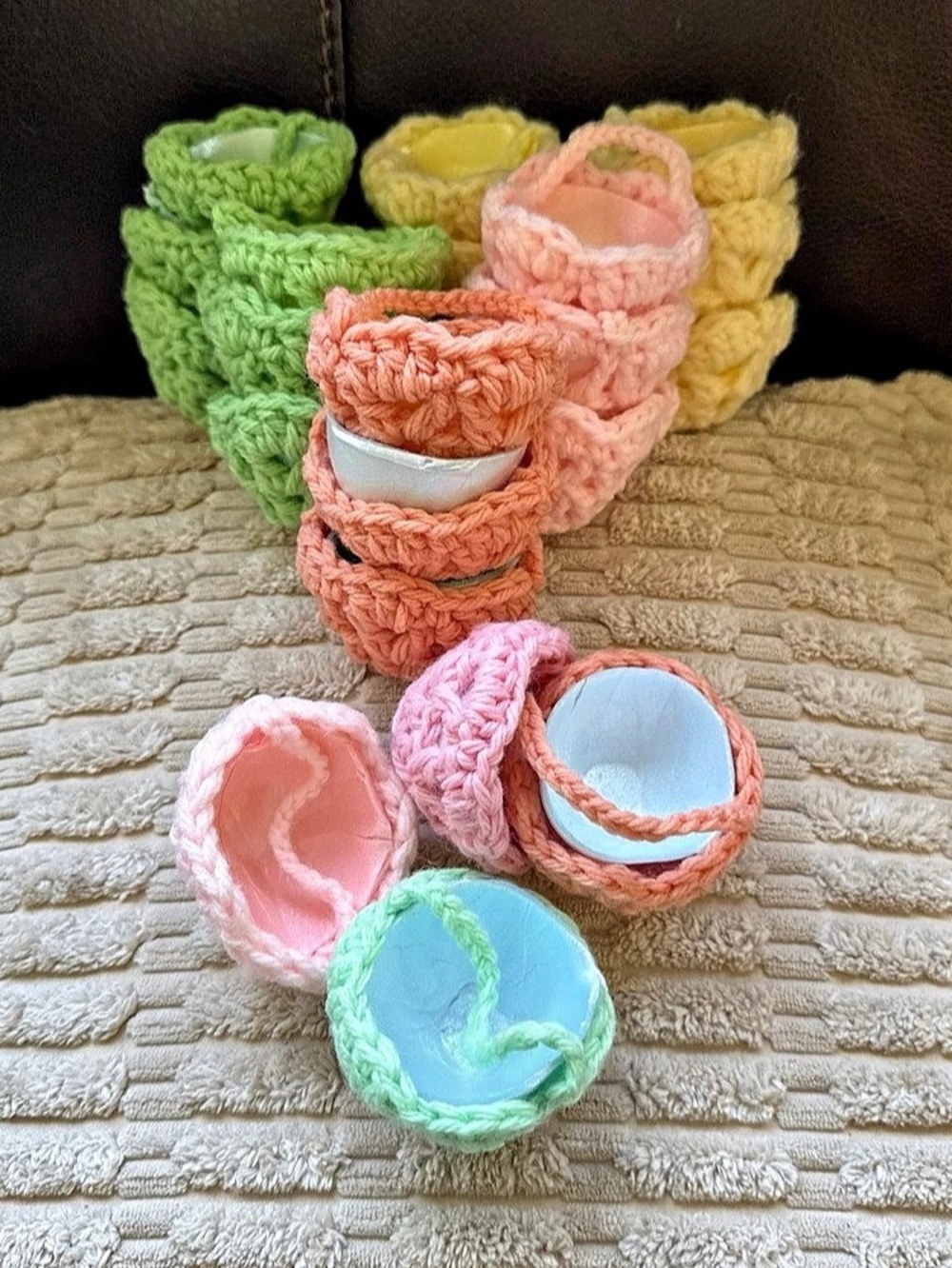 Set of 21 Crocheted Easter Eggs Holders Mini Basket Handmade Pastels Can Be Hung